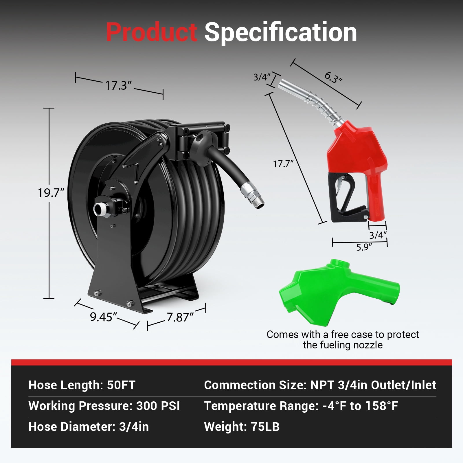 Fuel Hose Reel, 3/4" x 50', Retractable Diesel Hose Reel, Heavy-Duty Carbon Steel Construction with Automatic Fuel Nozzle, NBR Rubber Hose for Aircraft Ship Vehicle Tank Truck, 300 PSI, Black