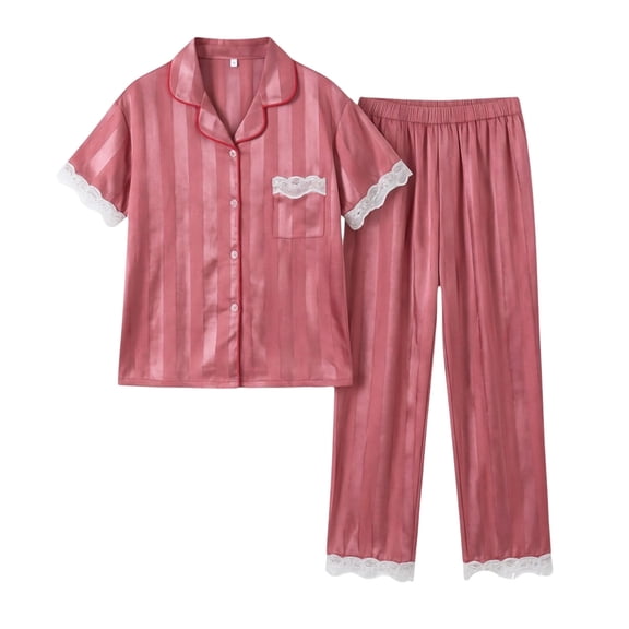 CHGBMOK Women Satin Pajama Set Short Sleeve Notch Collar Button Down Sleep Top & Long Pants Striped Lace Trim 2 Piece Loungewear Pj Sets