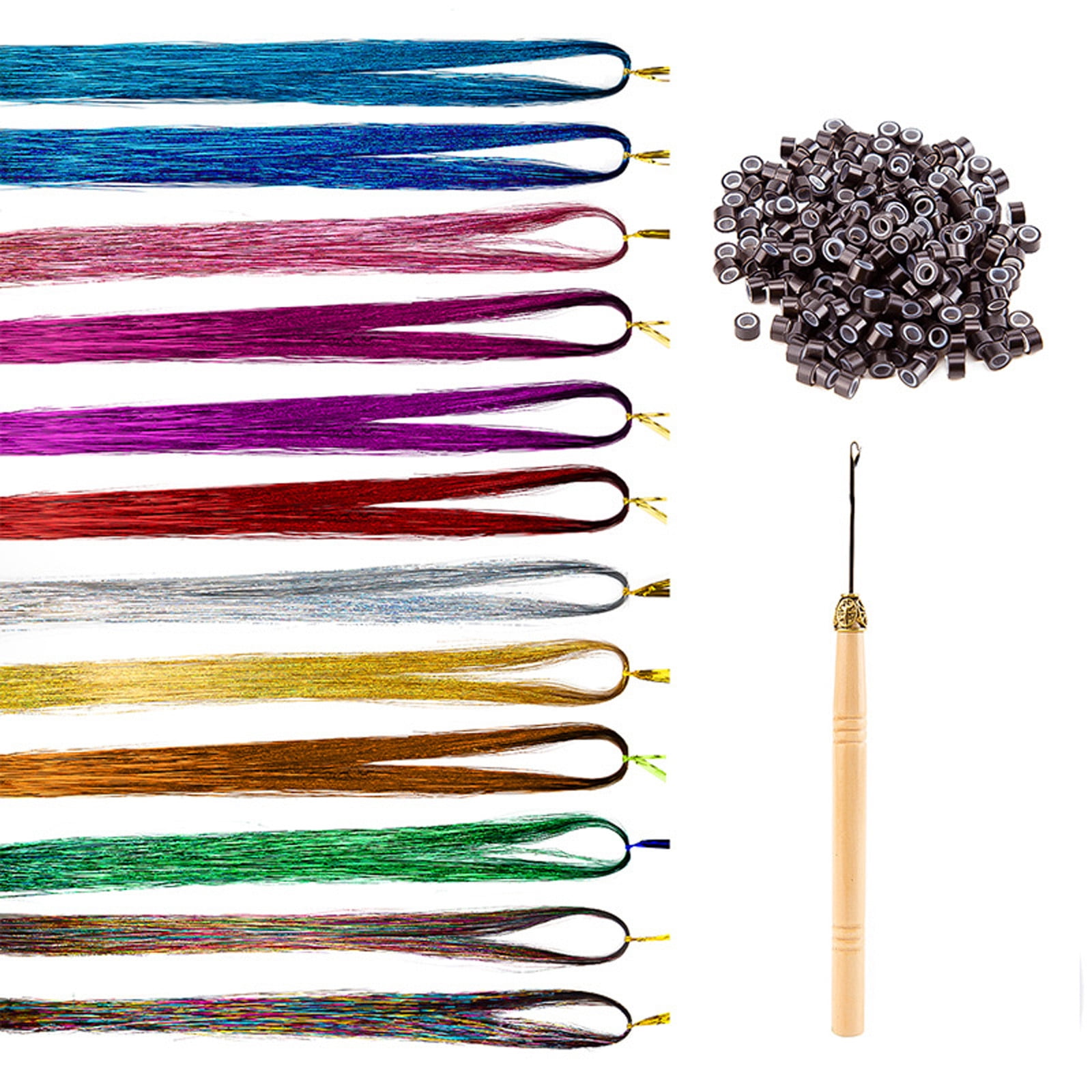36 Inch Hair-Tinsel With Tools 12 Colors Shiny Hair Extensions Silk Crochet  Hook 