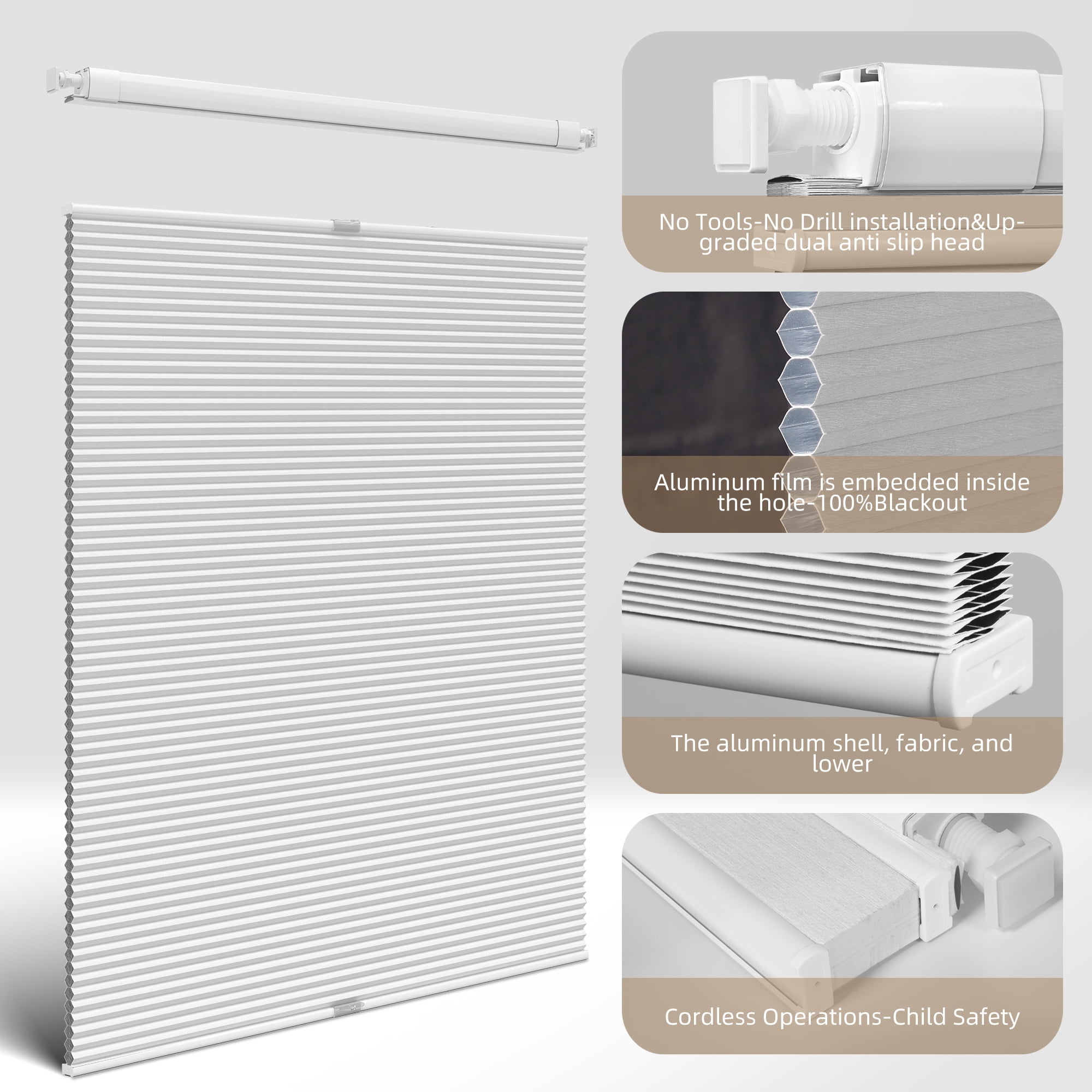 BERISSA No Drill No Tools Cellular Shades Top Down Bottom Up Honeycomb Blinds Blackout Cordless Window Blinds Easy to Install Cellular Shade for Windows,White,41" W x 64" H