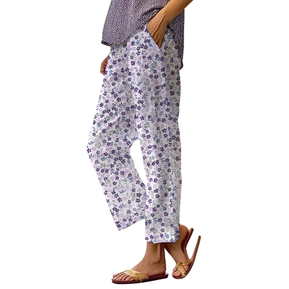 Casual Pants for Women Drawstring Pocket Floral Loose Comfortable Cotton Linen Summer Casual Pants