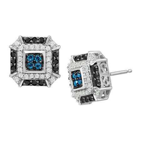 1/2 ct Blue, White & Black Diamond Stud Earrings in 14kt White Gold