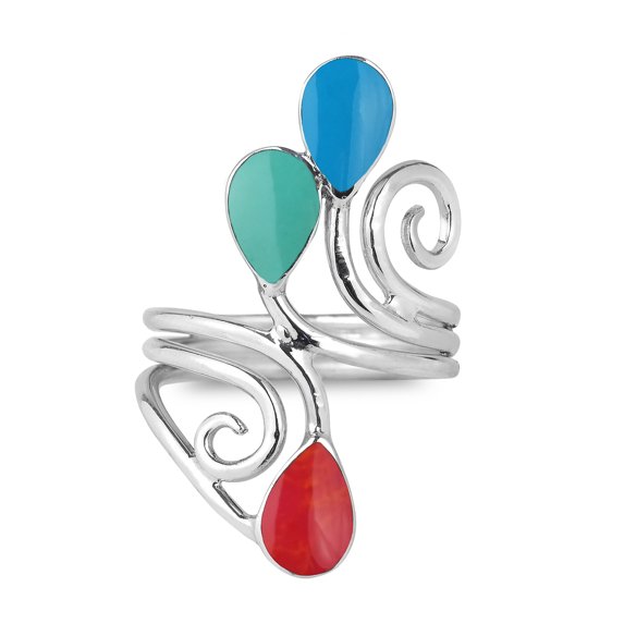 Floral Vine Ornate Teardrop Multiple Color Sterling Silver Ring-8