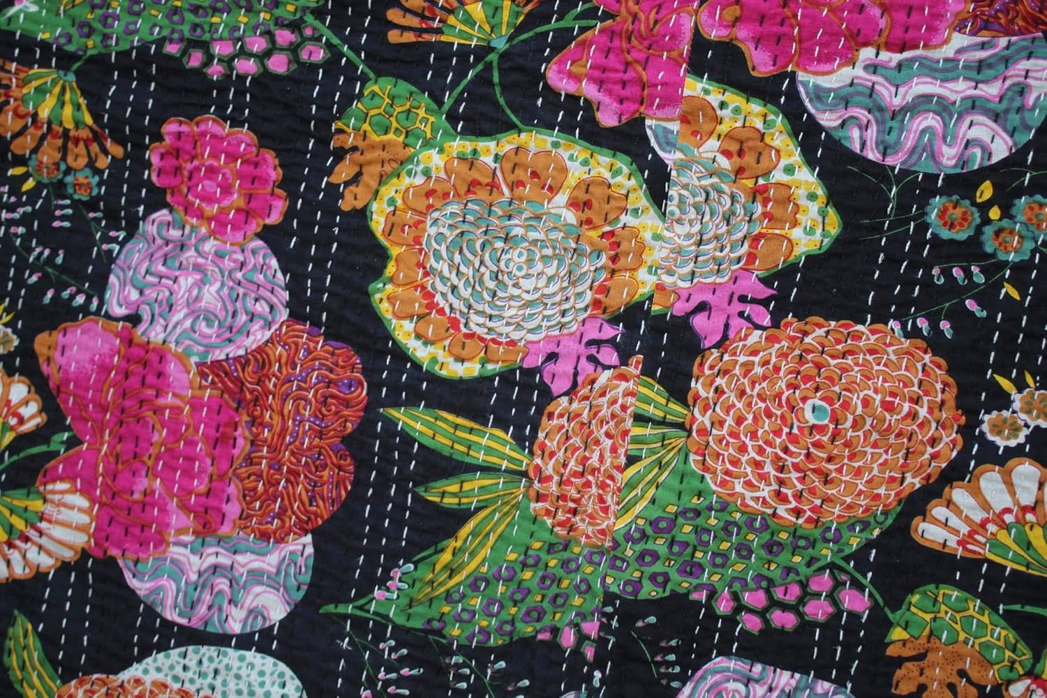 Indian Handmade Floral Print Kantha Quilt, Bedspread , Blanket Size ( Single 60" x 90" )