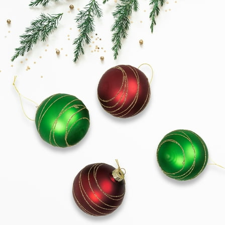Northlight Glittered Golden Stripes Christmas Glass Ball Ornaments - 3" (75mm) - Red and Green - 4ct