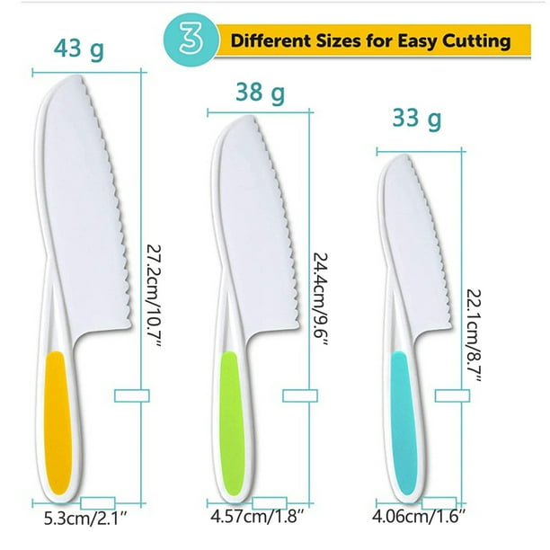 Couteaux pour enfants Ensemble de couteaux de cuisson en nylon 3 pièces:  couteaux de cuisine pour enfants en 3 tailles et couleurs / poignée ferme,  bords dentelés, couteaux pour enfants sans Bpa