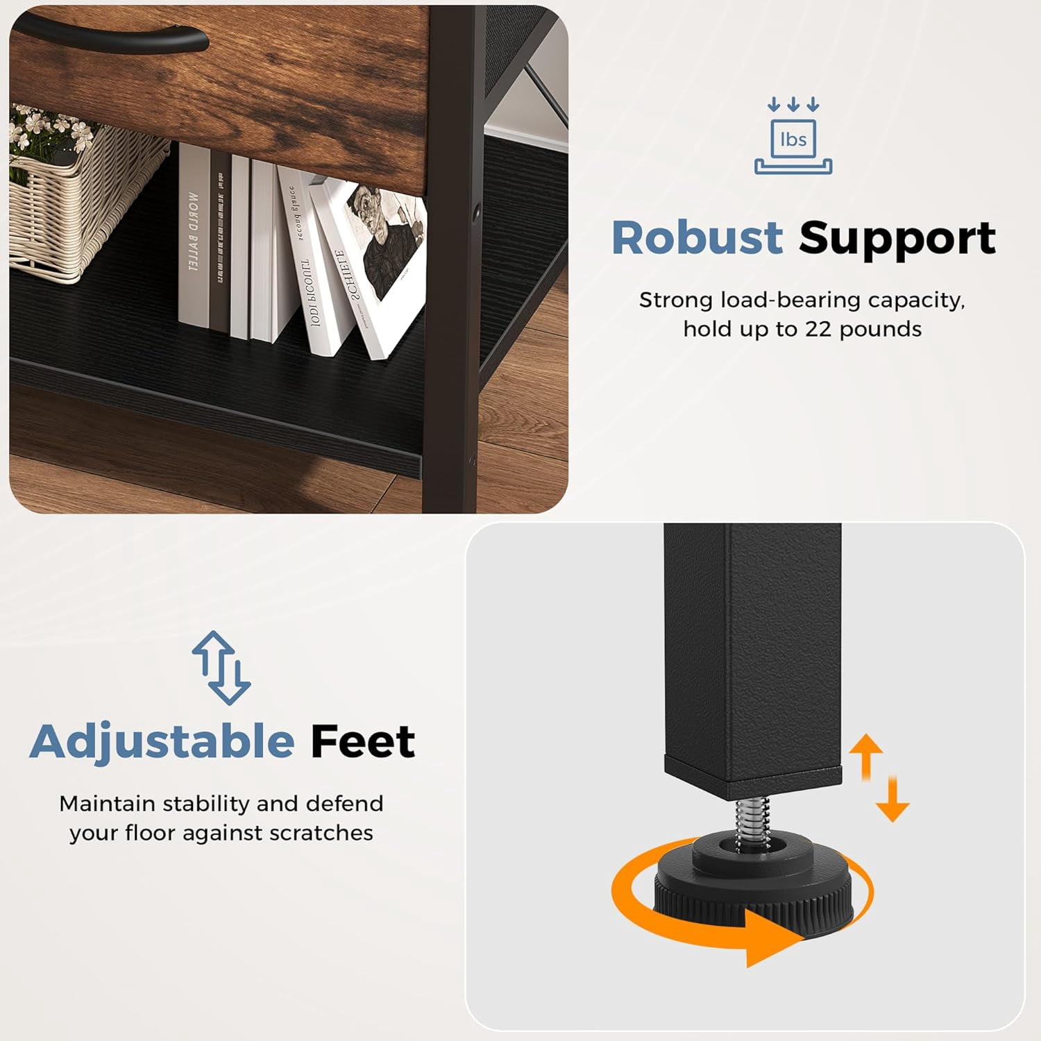 JIOABL 1 Drawer Nightstand with USB & Type-C Charging, Fabric Drawers, Metal Frame, Black and Rustic Brown