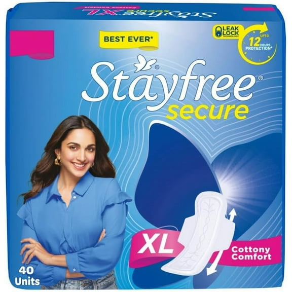 Stayfree Secure Extra Large Cottony Soft Cover Sanitary Pads for Women with Wings, 40 Pads