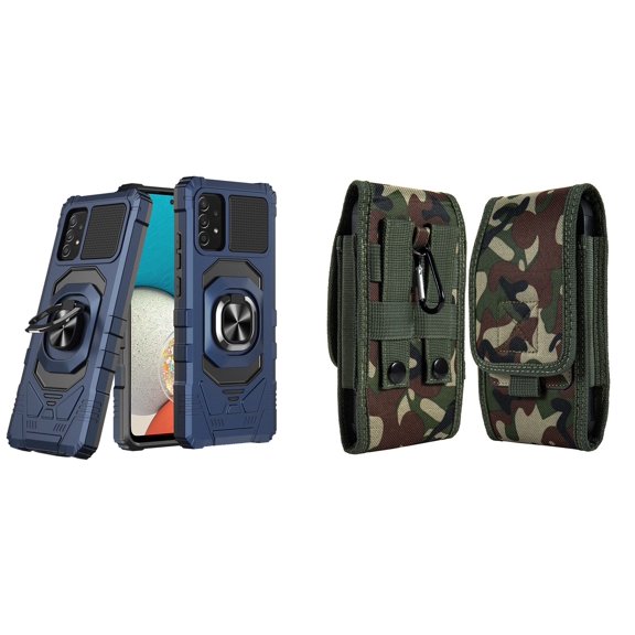 Case with Belt Holster Bundle for Samsung Galaxy A53 5G: Heavy Duty Shield Cover (Blue) and Vertical Rugged Nylon Phone Pouch (Green Camo)
