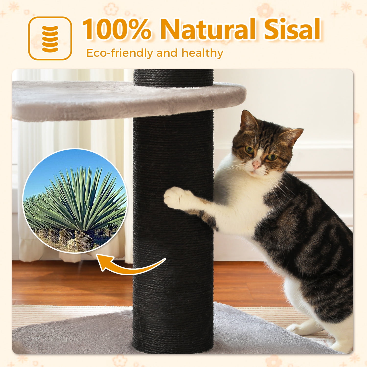 PEQULTI 36" Large Cat Scratching Post Tall Cat Scratcher for Indoor Pet  with Flower Perch Gray