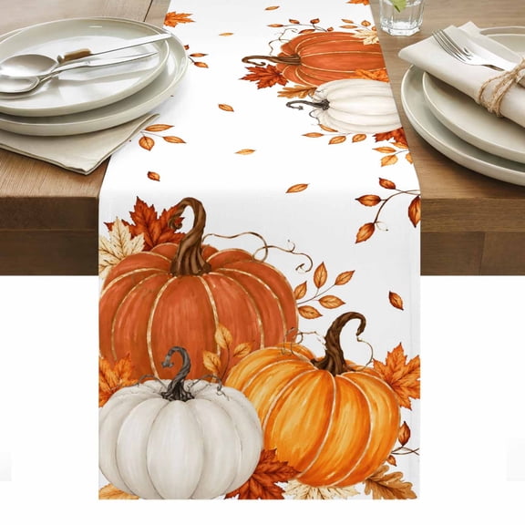 Burnt Orange Pumpkins Fall Table Runner Thanksgiving Botanical Maple Leaves Tablerunners 14 x 72 Inch, Table Decorations Tabletop Scarf for Summer Gathering Holiday Farmhouse Kitchen Dining Decor