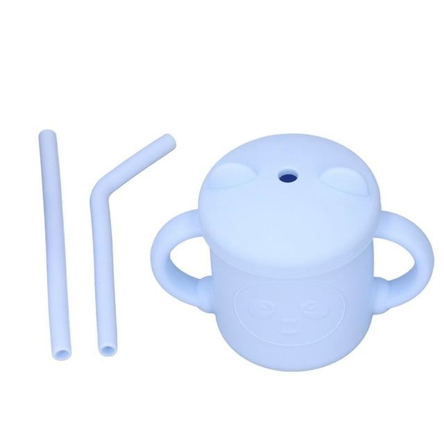 Tasse pour Bébé en Silicone, Gobelet à Paille pour Bébé à Deux Poignées Durable Réutilisable Entraînement à la Boisson Silicone de Qualité Style Dessin Animé pour la Maison pour le Voyage pour Boire Bleu
