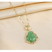 New Green Jade Color Happy Buddha Yoga Pendant Necklace Steel CZ Stone