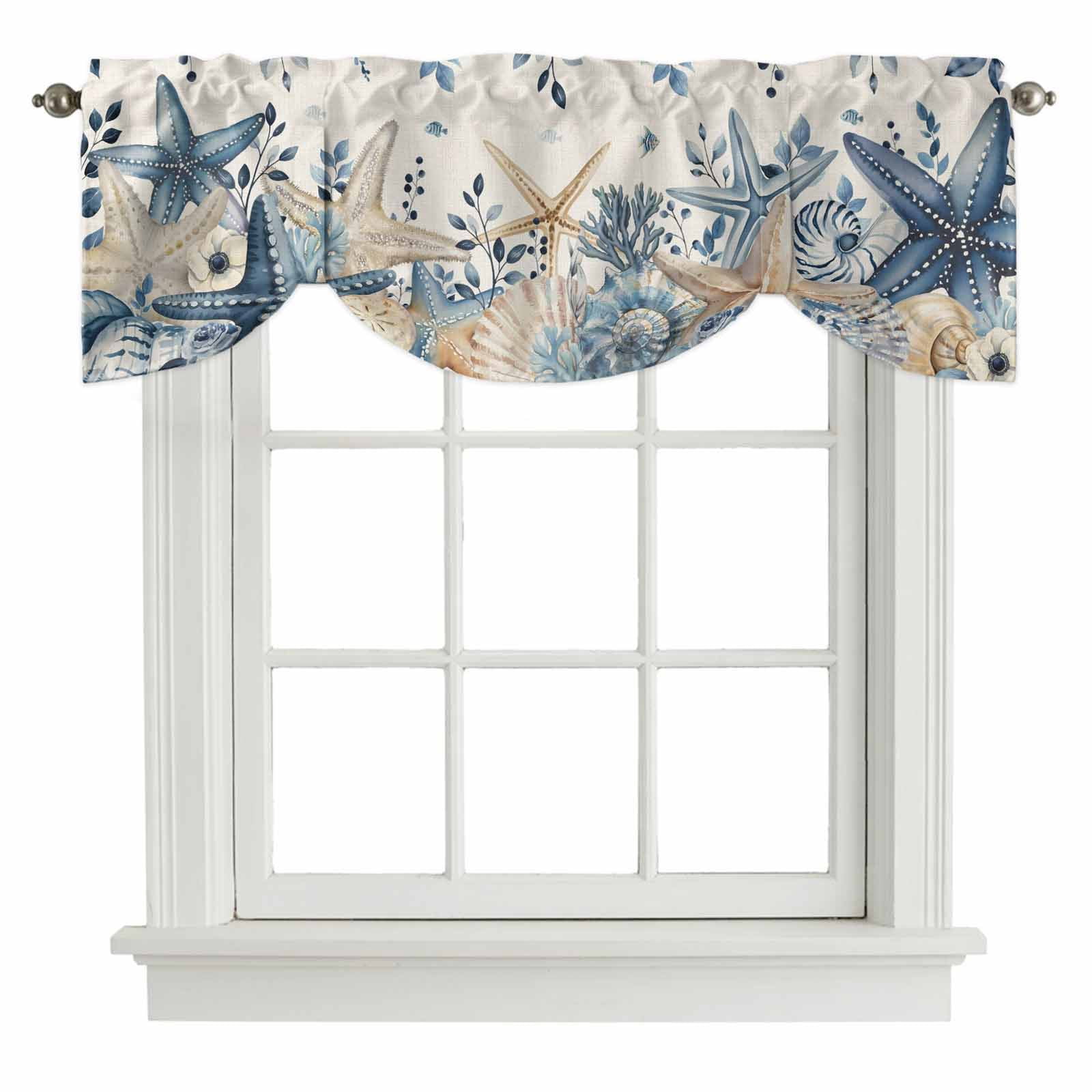 Coastal Tie Up Valances Curtain, Adjustable Kitchen Ocean Blue Beige Starfish Shells Leaves Retro Linen Valances for Windows Decor, Rod Pocket Short Curtains Set for Bedroom/Bathroom, 60"x18"