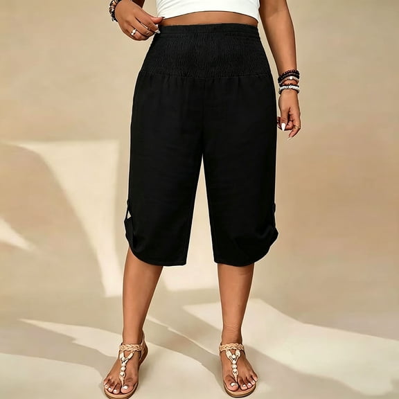 Women's Plus Size Soft Cotton Loose Cropped Pants, Mid Waist Tummy Control Flattering Fit, Casual Comfortable Summer Tapered Leg Pull On Pants for Work Daily | TruHer,Black L