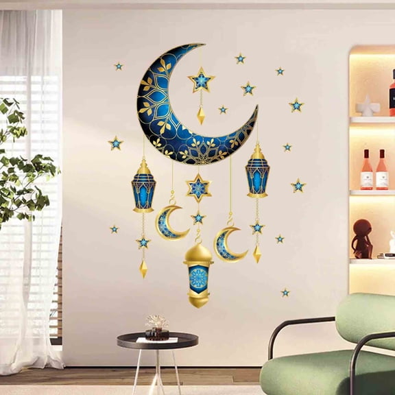 Eid Mubarak Wall Decals - Ramadan & Eid Decor with Moon, Stars & Lanterns, Removable Peel-and-Stick Stickers for Home & Mosque Wall Decor