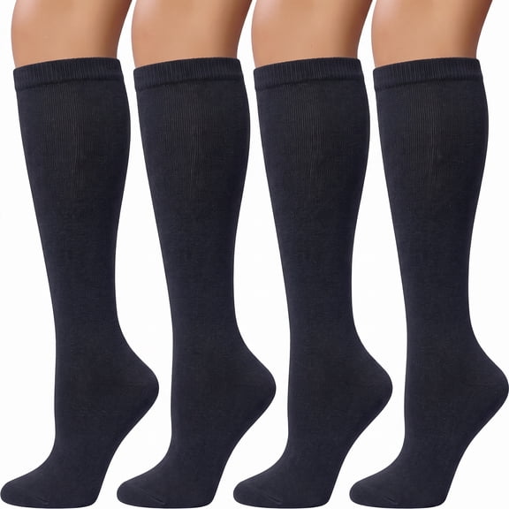 Loritta 4 Pairs Womens Knee High Socks, Casual Cotton Uniform Long Socks for Girls, Black