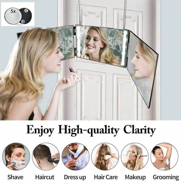 360 ° Rechargeable 3-Way Trifold Mirror with LED Lights & 5x Magnification - For Self Hair Cutting & Makeup