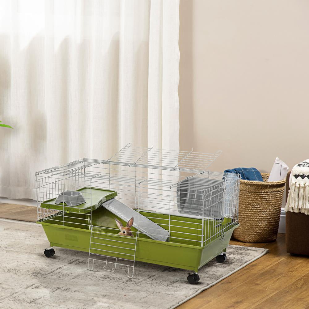 Small Animal Cage with Wheels, 35in Rolling Bunny Cage for Rabbit, Guinea Pig, Chinchilla, Indoor Pet Habitat with Ramp, Platform, Feeder, Water Bottle & Deep Base Tray, Green Small Animal Playpen