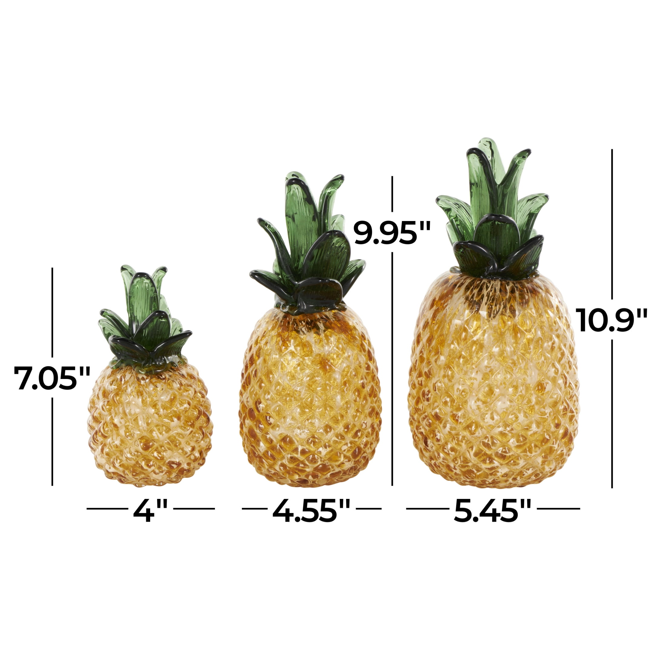 11", 10", 7"H Orange Glass Faceted Pineapple Fruit Sculpture, by DecMode (3 Count)