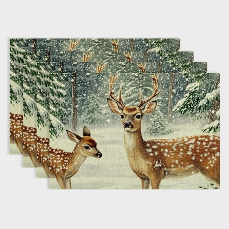 

Fenyluxe Watercolor Deer Trees Snowflakes Christmas Seasonal Winter Xmas Holiday Kitchen Dining Table Decoration for Indoor Outdoor Home Party Placemat Decor 18x12in
