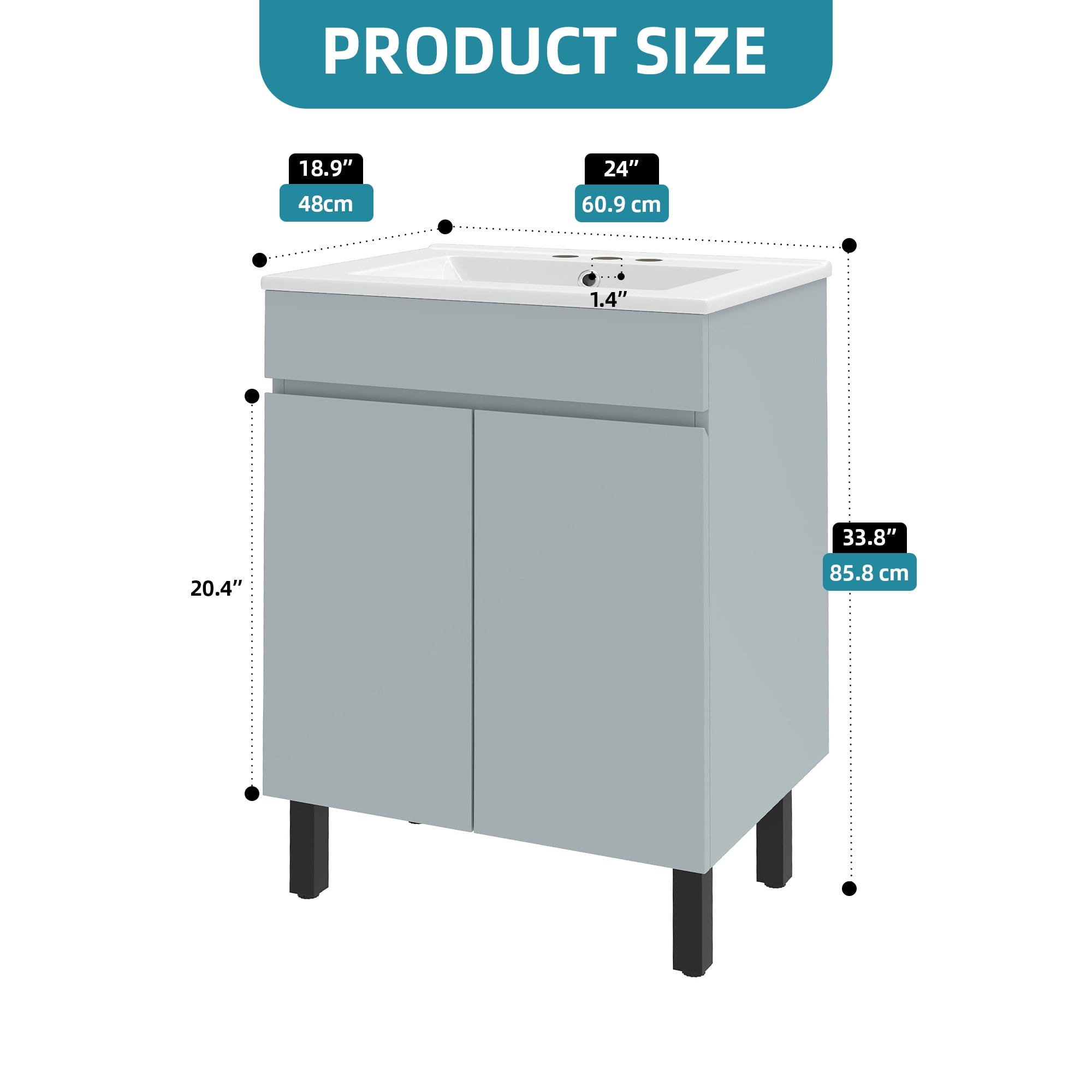 Uforic 24" Modern Free Standing Bathroom Vanity with Undermount Sink, Soft Close Door & Storage Cabinet, Gray