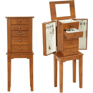 CL.HPAHKL Jewelry Cabinet Standing Jewelry Armoire with Mirror, Wooden Jewelry Chest Storage Organizer with 5 Drawers and 2 Side Doors, Stand Jewelry Organizer Box, Brown