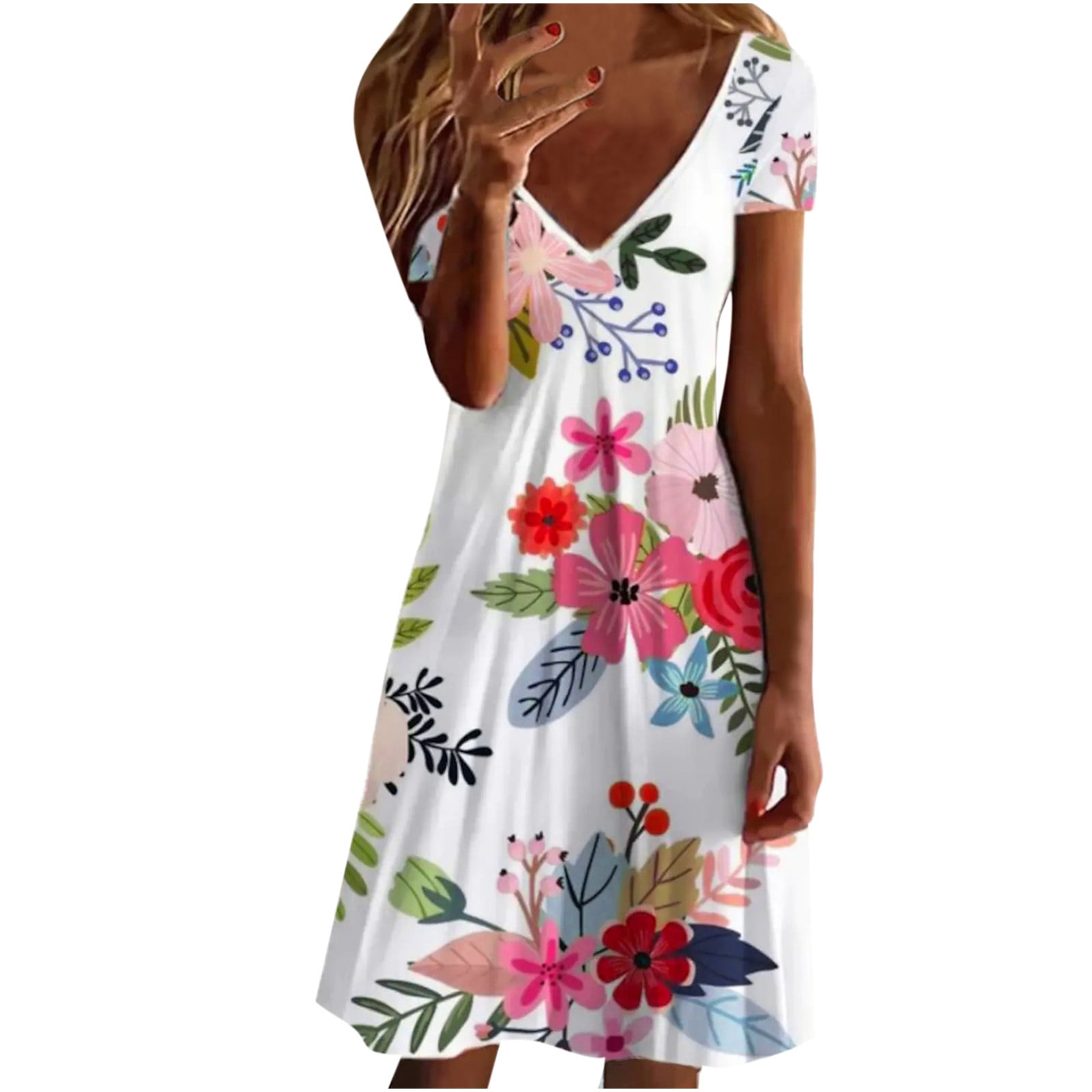 Uppada Linen Dress for Women Casual Summer Plus Size Midi Dress Short Sleeve V Neck Boho Loose Comfy Solid Color Dress 
