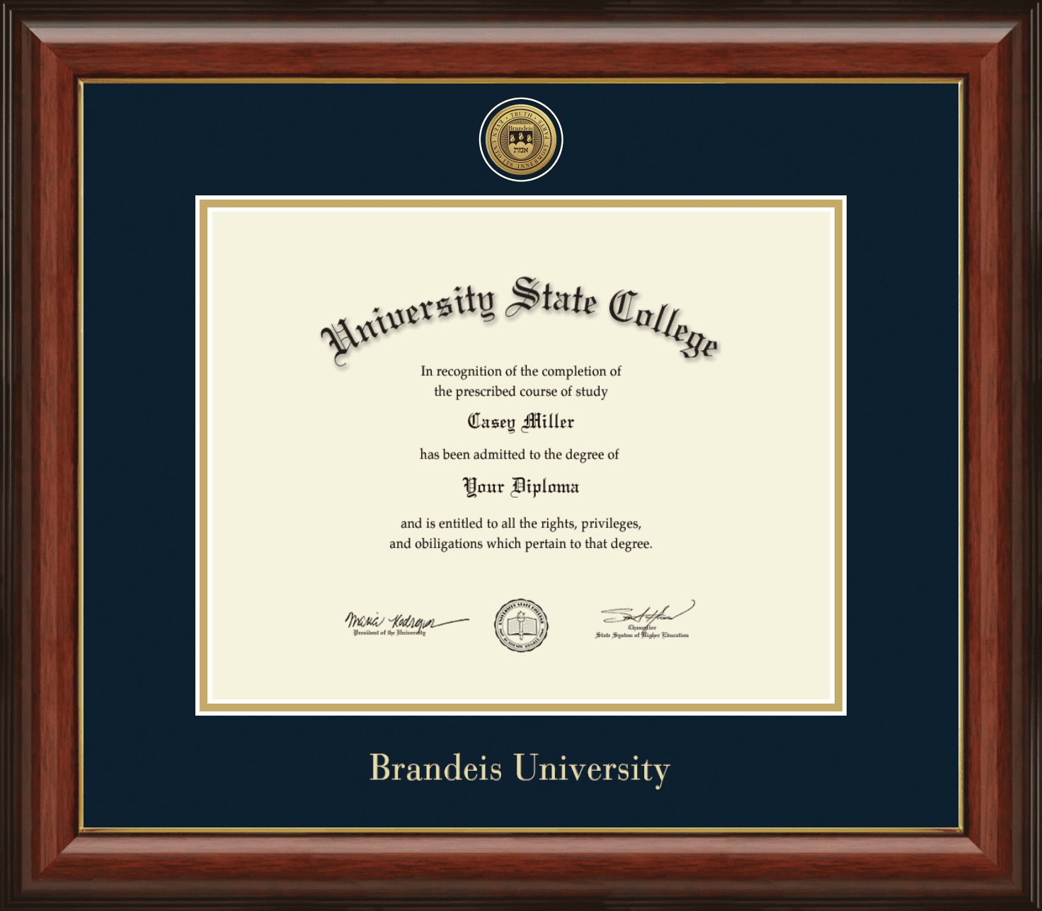 Brandeis University Gold Medallion Diploma Frame, Document Size 12"L x 9.5"H