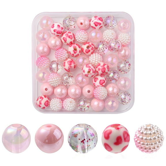 50Pcs 5 Style Acrylic Beads Round Mixed Style Pink 10mm Hole: 1~2mm 10pcs/style