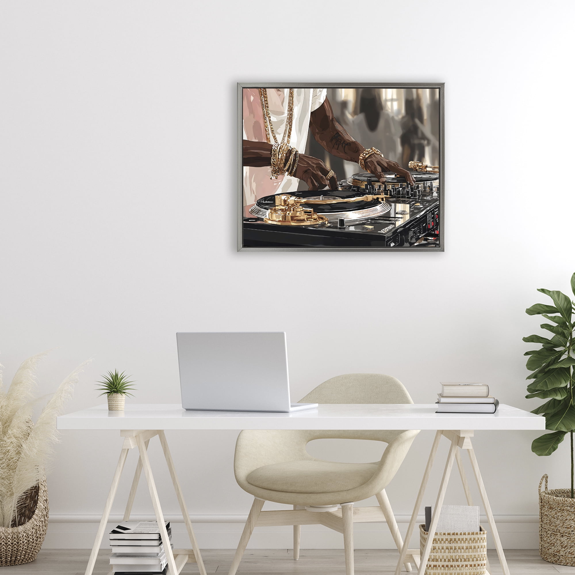 Stupell Industries Golden Sound DJ Turntables Gray Framed Floater Canvas Wall Art, design by Franklyn Gregory