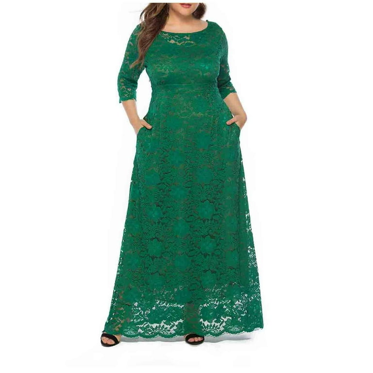 3/4 sleeve Solid Color Maxi Round neck High waist Lace Maxi Dresses 3/4 sleeve Solid Color Maxi Round neck High waist Lace Maxi Dresses