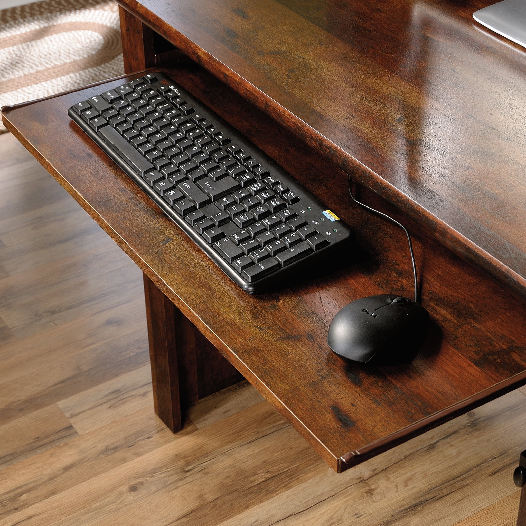 Sauder harbor view corner computer 2024 desk with hutch in curado cherry