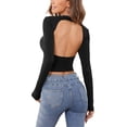 thumbnail image 5 of hirigin Women's Spring Autumn Slim Crop Tops Solid Color Long Sleeve O Neck Backless T-shirt, 5 of 6