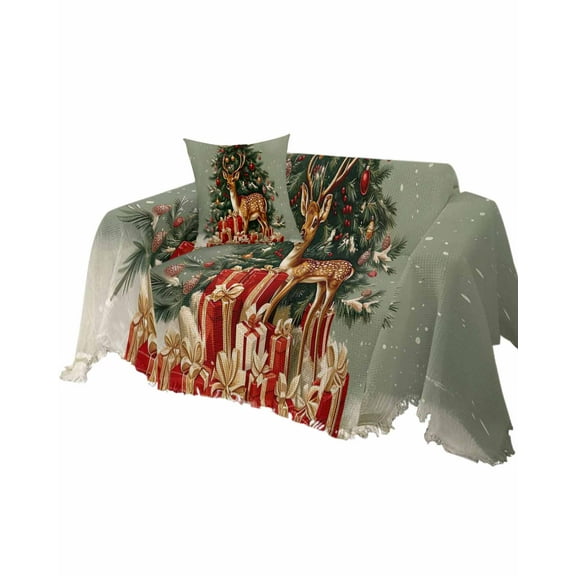 Green Christmas Sofa Couch Covers for Dogs, Washable Sectional Couch Slipcovers for Loveseat with Tassels, Xmas Elk Tree Snowflake Non Slip Sofa Throw Cover Blanket L 71''x102''