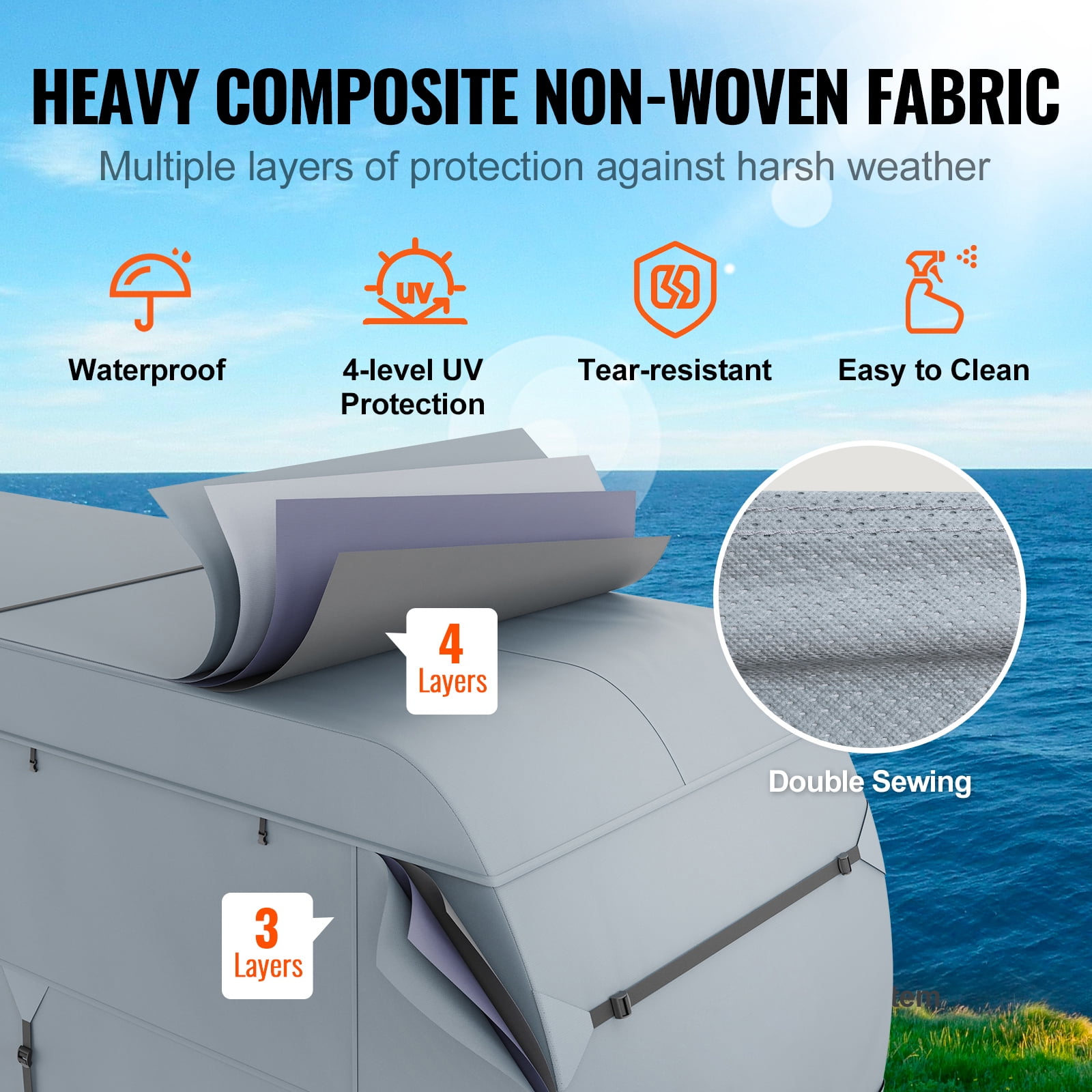 KFFKFF Travel Trailer Cover, 28-30' RV Cover, 4-Layer Non-Woven Fabric Camper Cover, Waterproof, Windproof And Wear-Resistant Class A RV Cover, Rip-Stop Camper Cover with Storage Bag and Patches