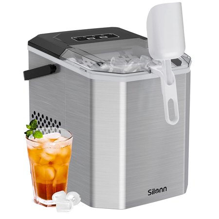 Countertop Ice Maker Machine with Handle, 9pcs/6min, 26lbs/24h, W/2 Sizes Bullet-Shaped Ice, W/Scoop & Basket, Self-Cleaning, Silver
