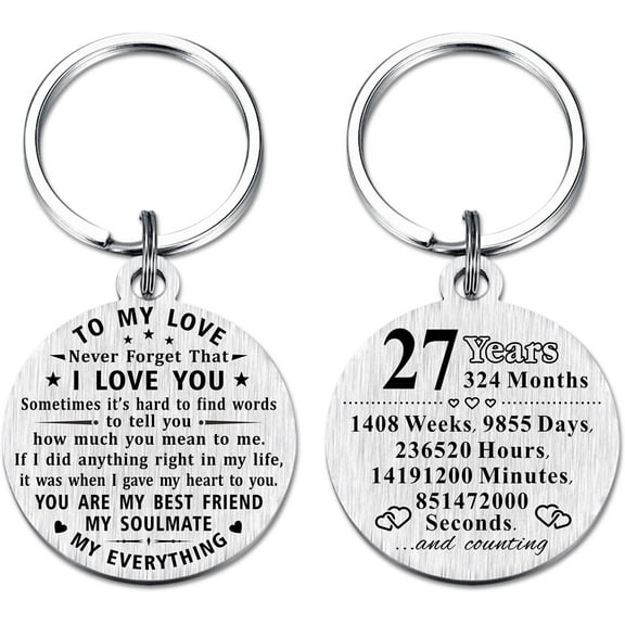 27th Anniversary Keychain Gifts, Steel Engraved 27 Year Anniversary Decorations for Couples