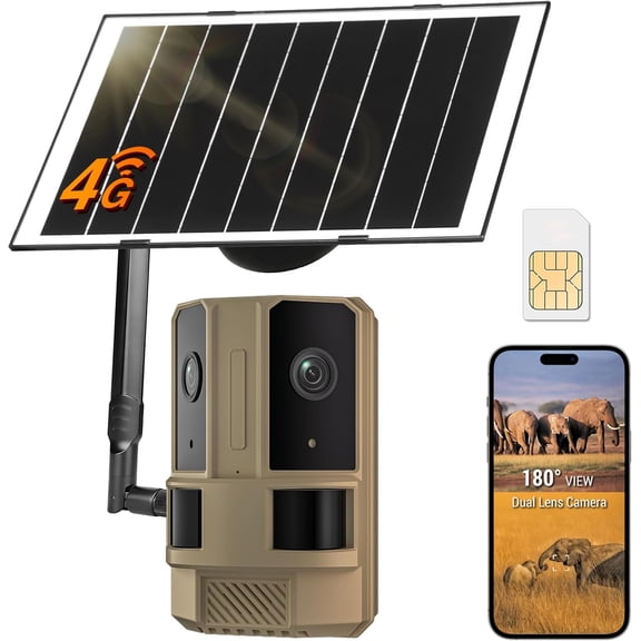 ZTTAOLII 4G LTE Outdoor Security Camera, No WiFi Cellular Camera with Dual-Lens 180° Wide View, 4K Color Night Vision, Solar Powered, Motion Detection, 2-Way Audio, IP66 Waterproof