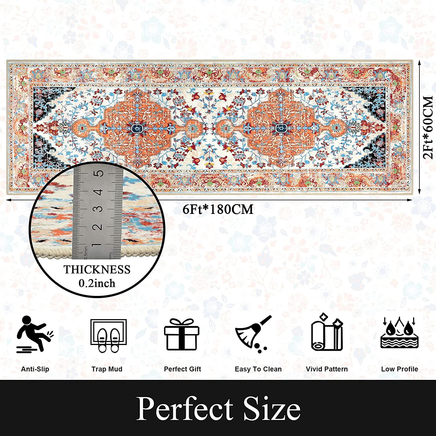 Findosom 2'x6' Vintage Boho Runner Rug Washable Non-slip Area Rug,Hallway Indoor Farmhouse Bedroom Kitchen Living Room Non Shedding Runner, Contemporary Low Plie Floor Carpet Doormat,Orange