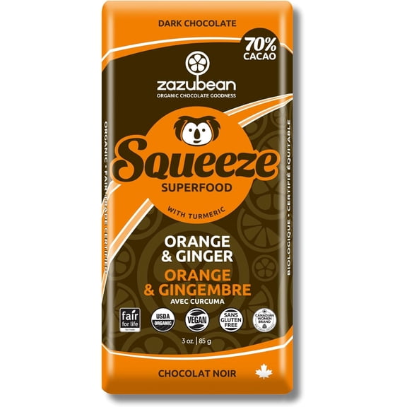 Zazubean Organic Chocolates Squeeze Orange & Ginger Dark Chocolate Bars with Turmeric (12 x 85g)