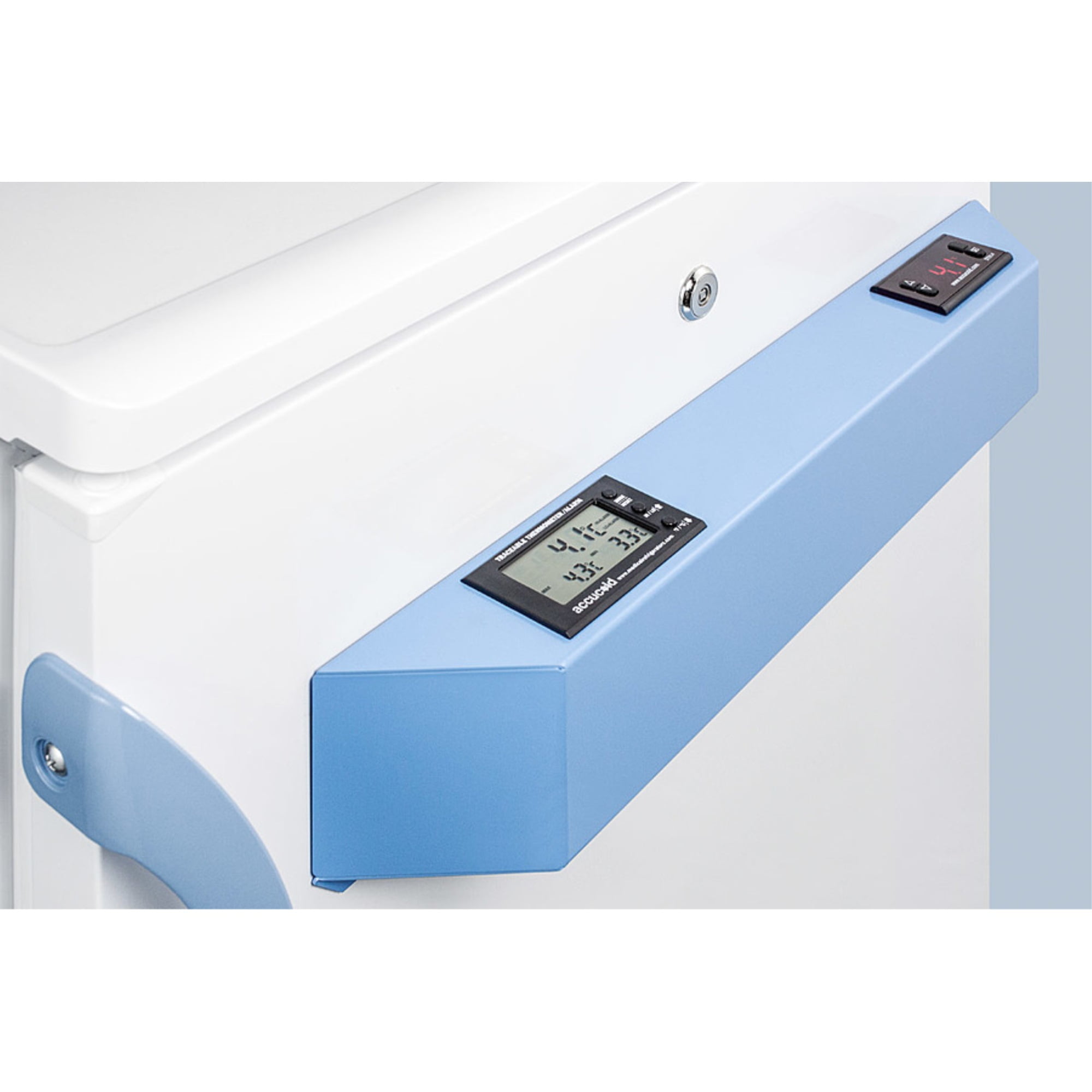 Built-in undercounter auto defrost medical/scientific all-refrigerator with front control panel equipped with a digital thermostat.