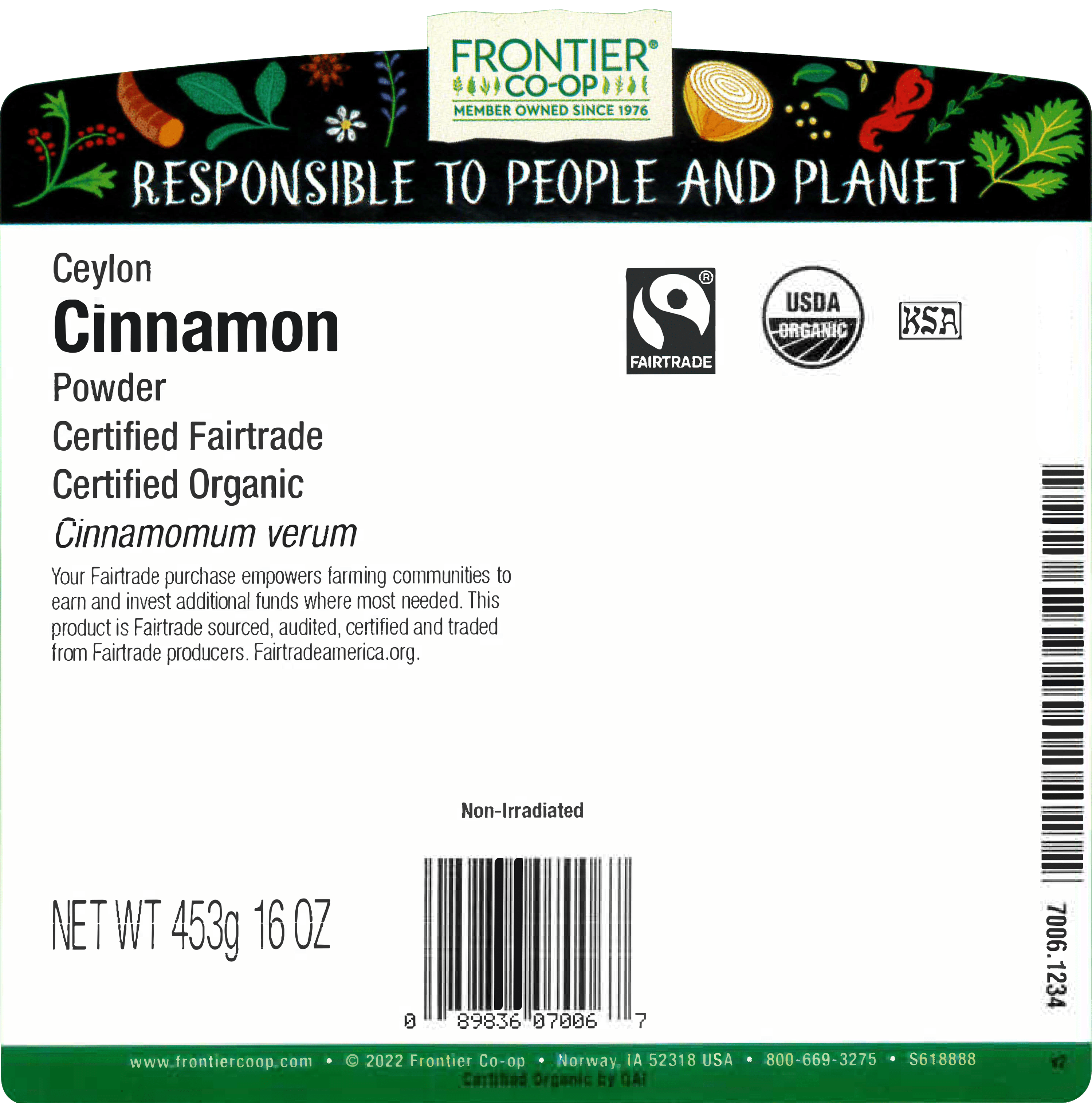 Frontier Co-op Certified Organic Ceylon Cinnamon, 16 oz. Bag, Fairtrade Certified