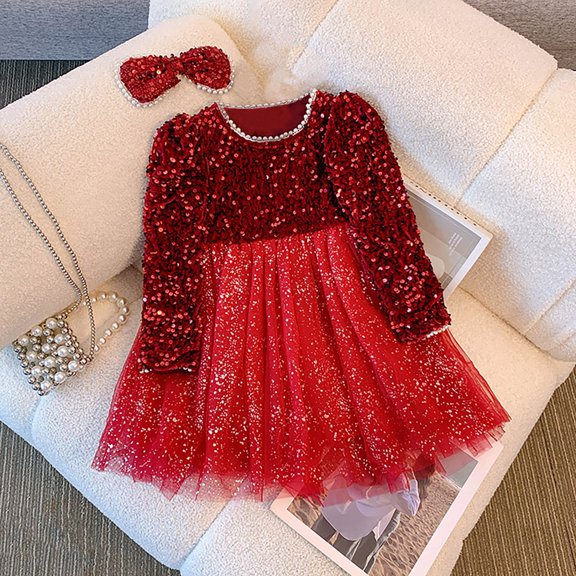 Phcqqok July 4Th Girls Dresses Size 6X Long Sleeve Fairy Like Sequin Dress for Girls with Versatile Long Sleeve Net Skirt