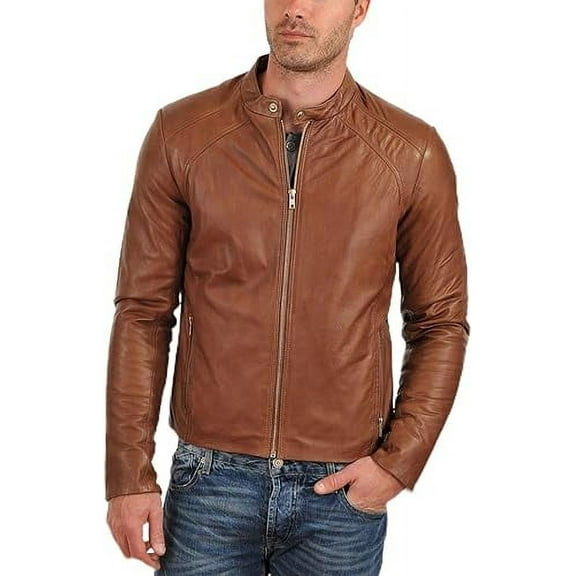 New Men's Genuine Tan Lambskin Leather Slim Fit Biker Motorcycle Jacket For Men A499