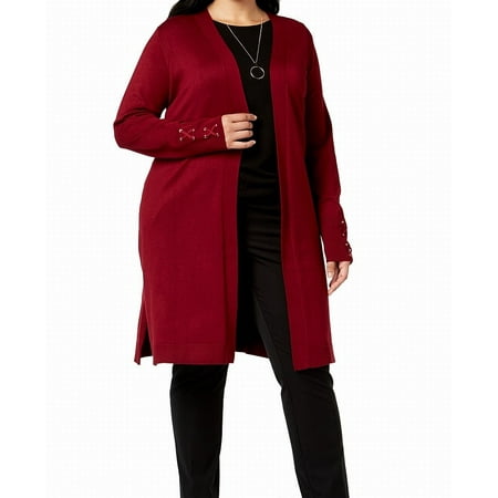 JM Collection Women's Plus Size Lace-Up-Cuff Duster Cardigan Cherry Size 2X