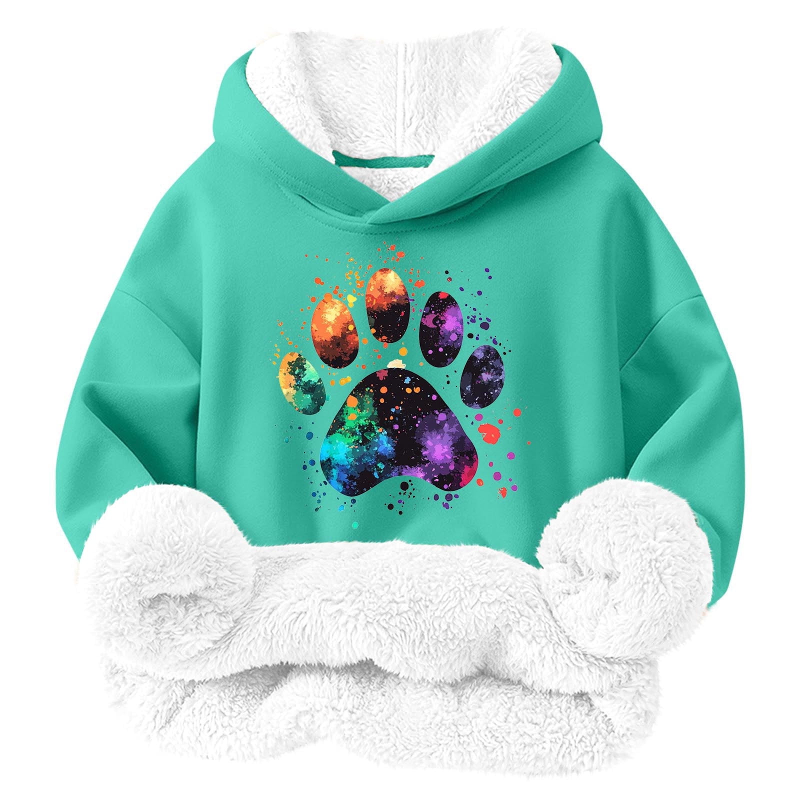 Riecok Girls Hooded Pullover Sweatshirt Long Sleeve Round Neck Cute Printed Fashion Fleece Lined Hoodies Winter Warm Lamb Wool and Thickening Tops Blue 5 Years