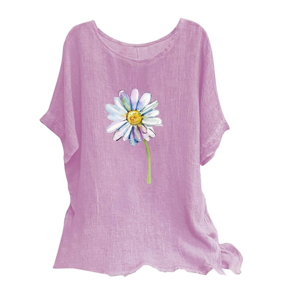 Camisetas de Manga Corta para las Mujeres Mezcla de Lino de Ajuste Suelto Top de Camiseta Casual, Blusas para las Mujeres Casual