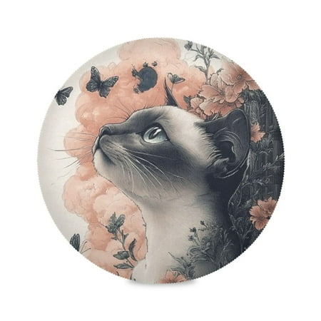 

WOBOGO Siamese Cat with Flower Round Placemats Set of 1 Heat Resistant Washable Kitchen Table Decorations 15.4in