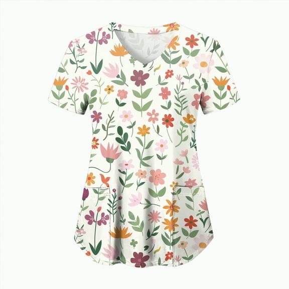 TOWED22 Womens Printed Nurse Uniforms Scrub Tops for Women, Short Sleeve Scrub V Neck Shirt with Pockets(Beige,XXXL)